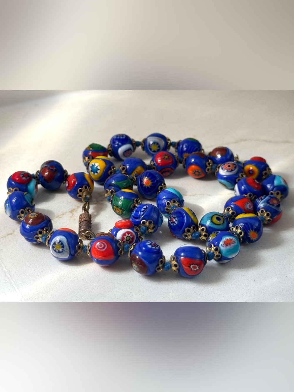 Vintage, Murano, Millefiori, Glass Bead Necklace, Floral, Venetian, 16"